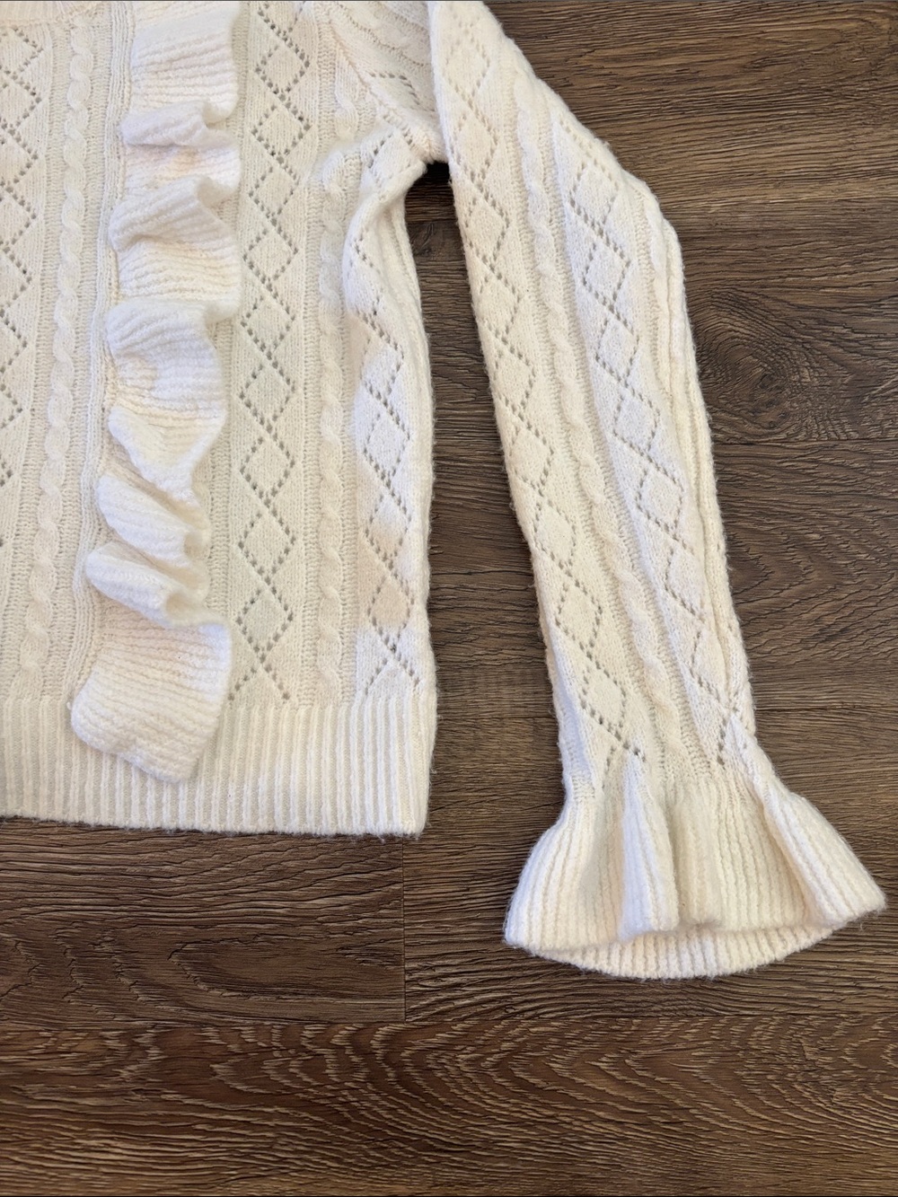 Francesca's Collections white Ruffled Cable-Knit Sweater - Picture 3 of 4